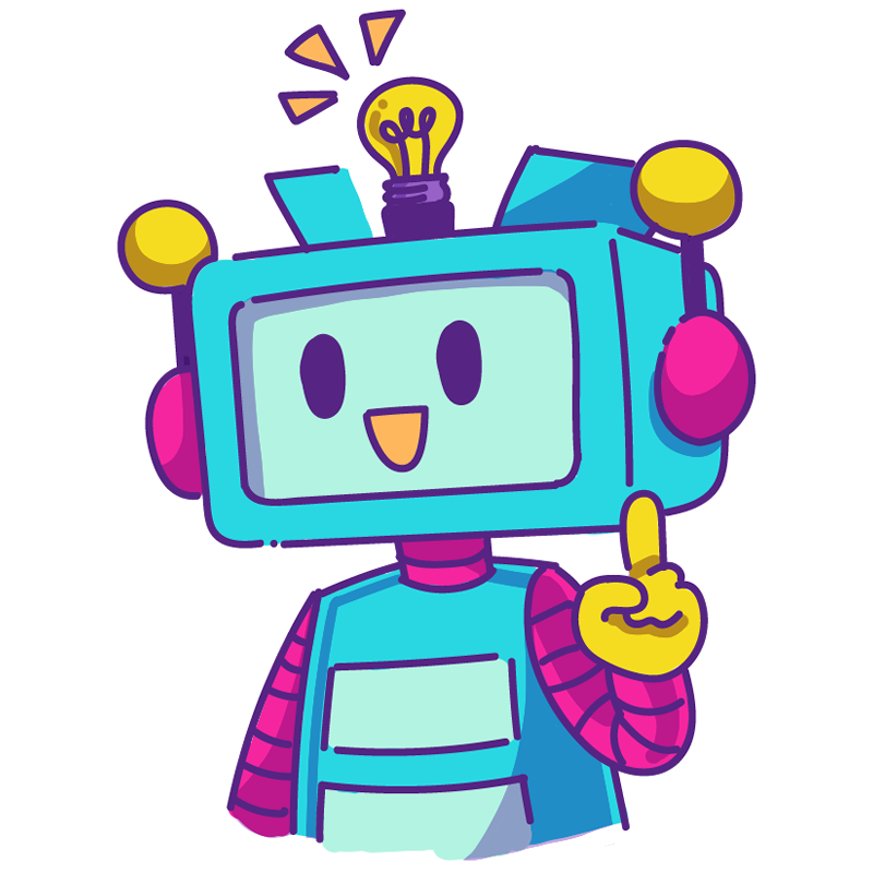 Ilustración de robot Tito con una idea junto a una bombilla