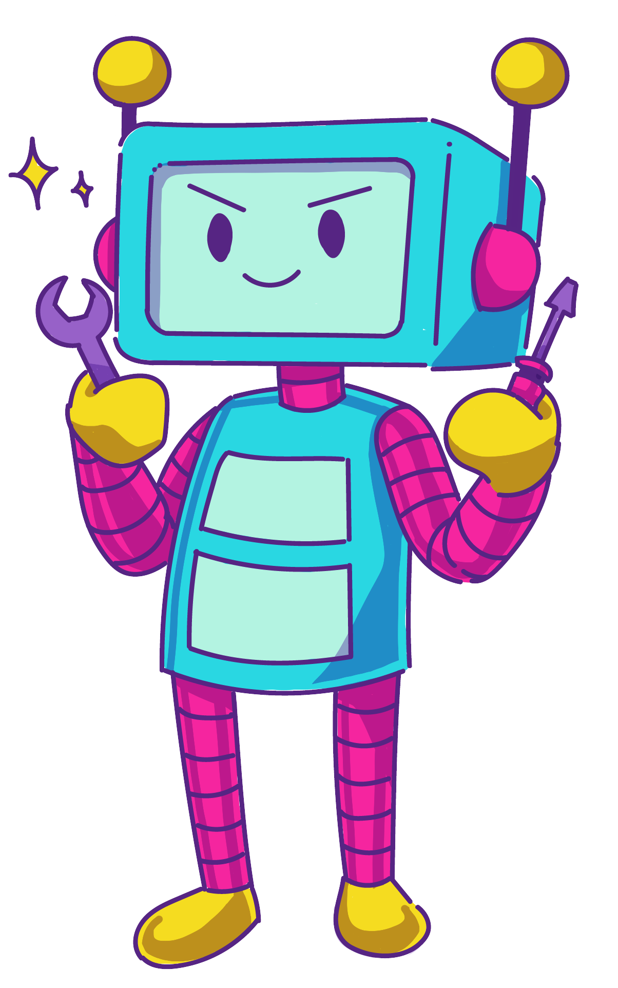 Robot mascota de Ideo Maker sosteniendo herramientas